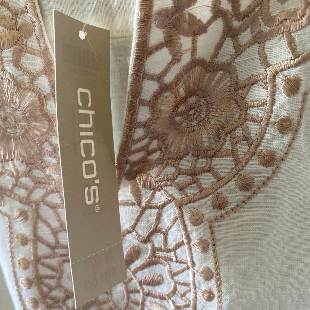 Chico's Women's Long-Sleeved Tunic Size LP Off-White Gold Embroidered V-Neck NWT - Picture 5 of 8